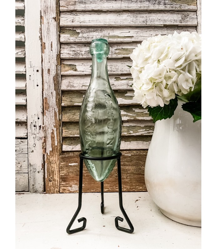 Large Antique British Torpedo Bottle w/ Iron Stand & Glass topper, Aqua Glass, Rare Find - LTD